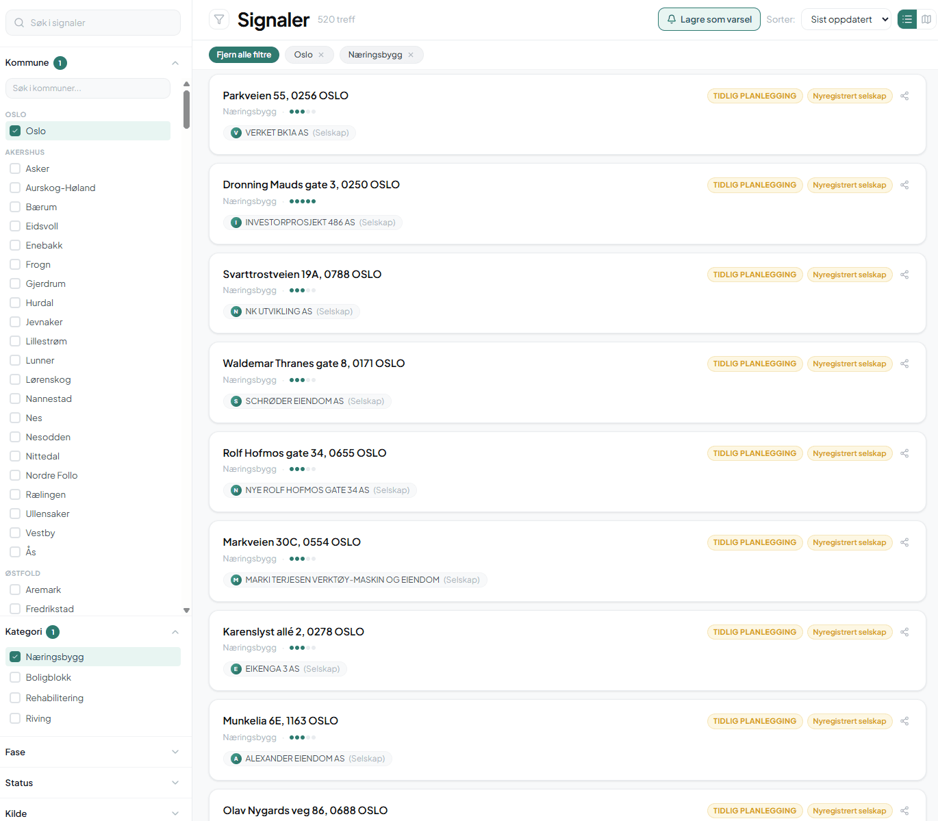 Bradar signalliste med filtre for kommune, kategori, fase og kilde. Viser signaler i Oslo med detaljert informasjon om hvert prosjekt.