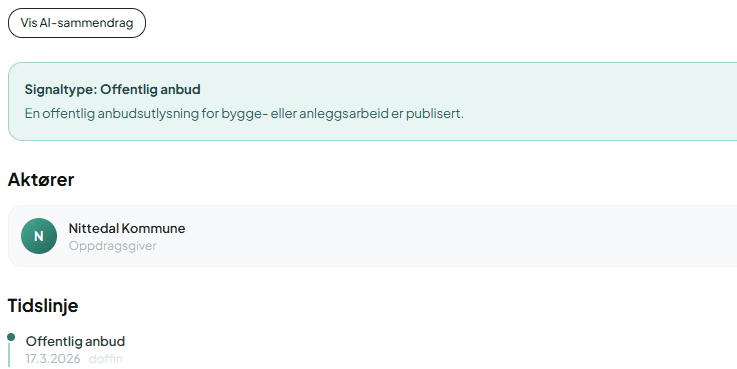 Signaldetalj som viser aktører knyttet til signalet: byggherre, prosjekterende og kontaktpersoner, der slik informasjon er offentlig tilgjengelig.